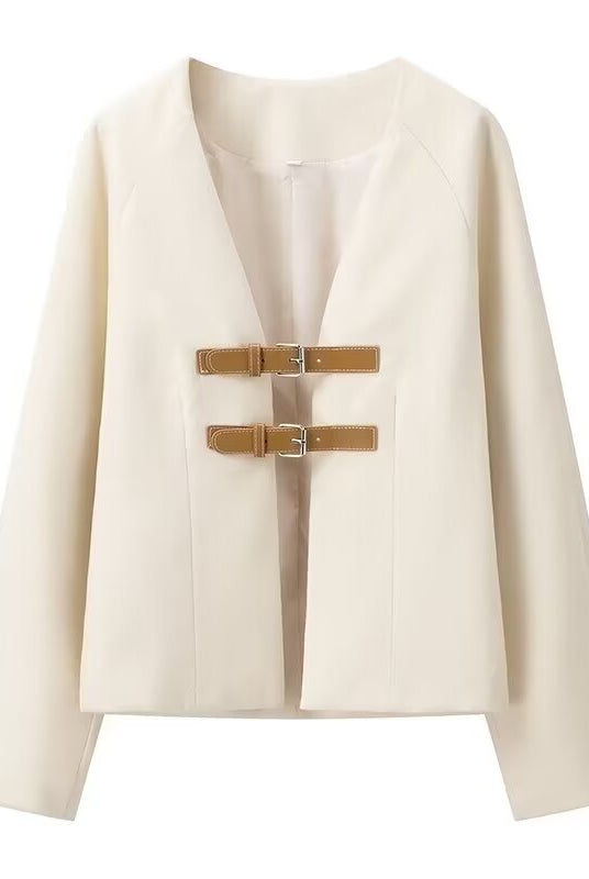 Elegant Langry cream cropped blazer with gold buckle details, long sleeves fashion coat