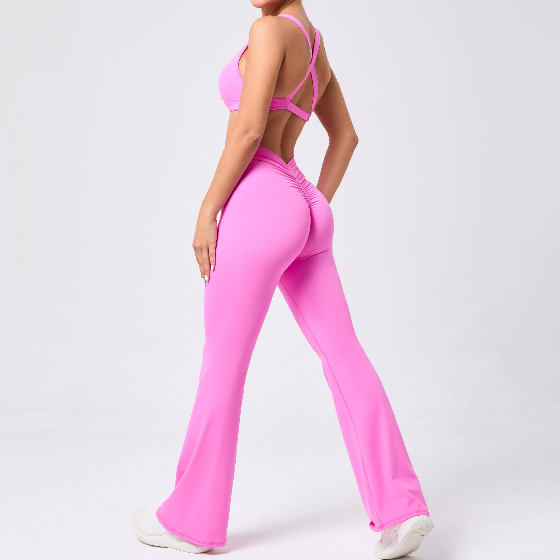 Peach hip raise tight brushed yoga clothes with neon pink flared pants