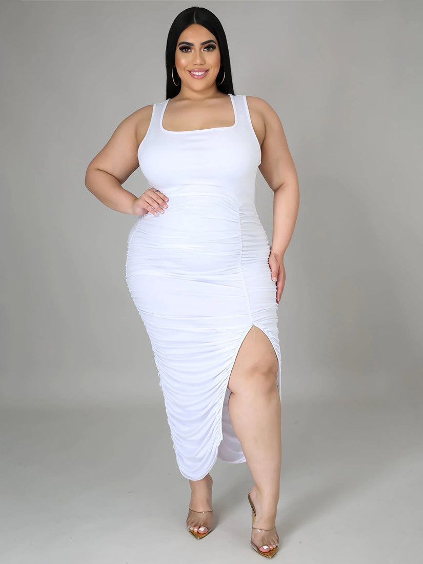 White sleeveless slim fit split dress from Summer Slim Fit Fold Split Dress collection for fashion enthusiasts