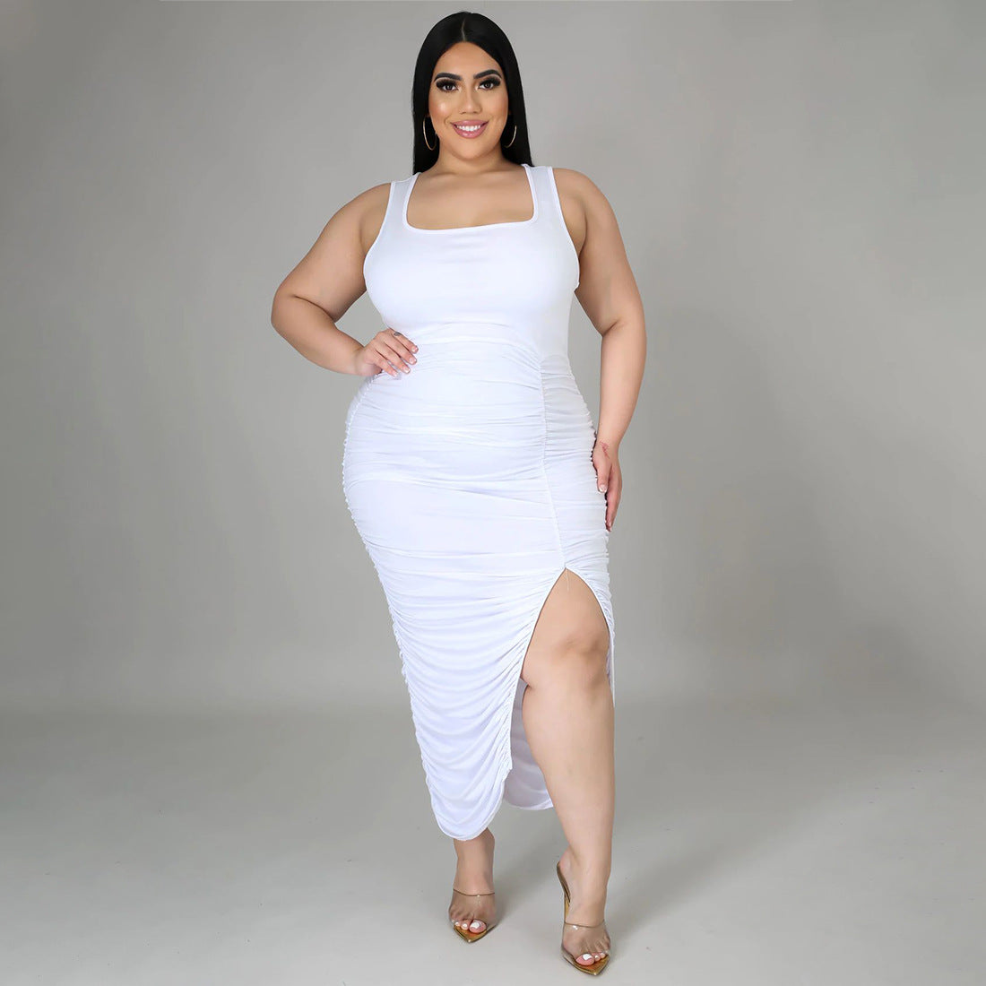 White sleeveless slim fit split dress from Summer Slim Fit Fold Split Dress collection for fashion enthusiasts