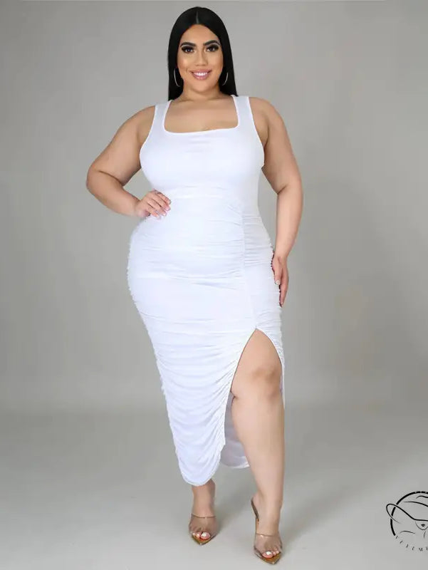 White sleeveless midi dress in slim fit fold design for summer