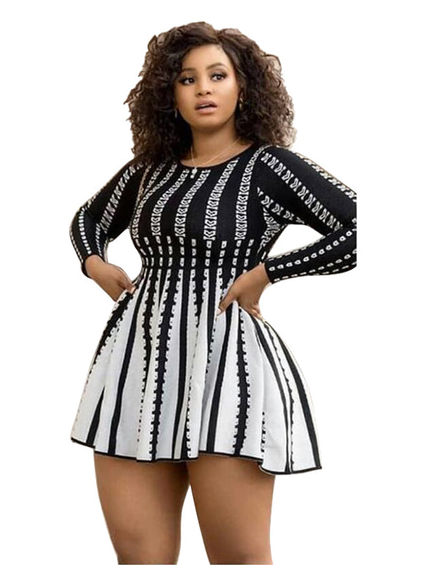 Elegant waist trimming striped dress in black and white showcasing stylish fashion and ملابس