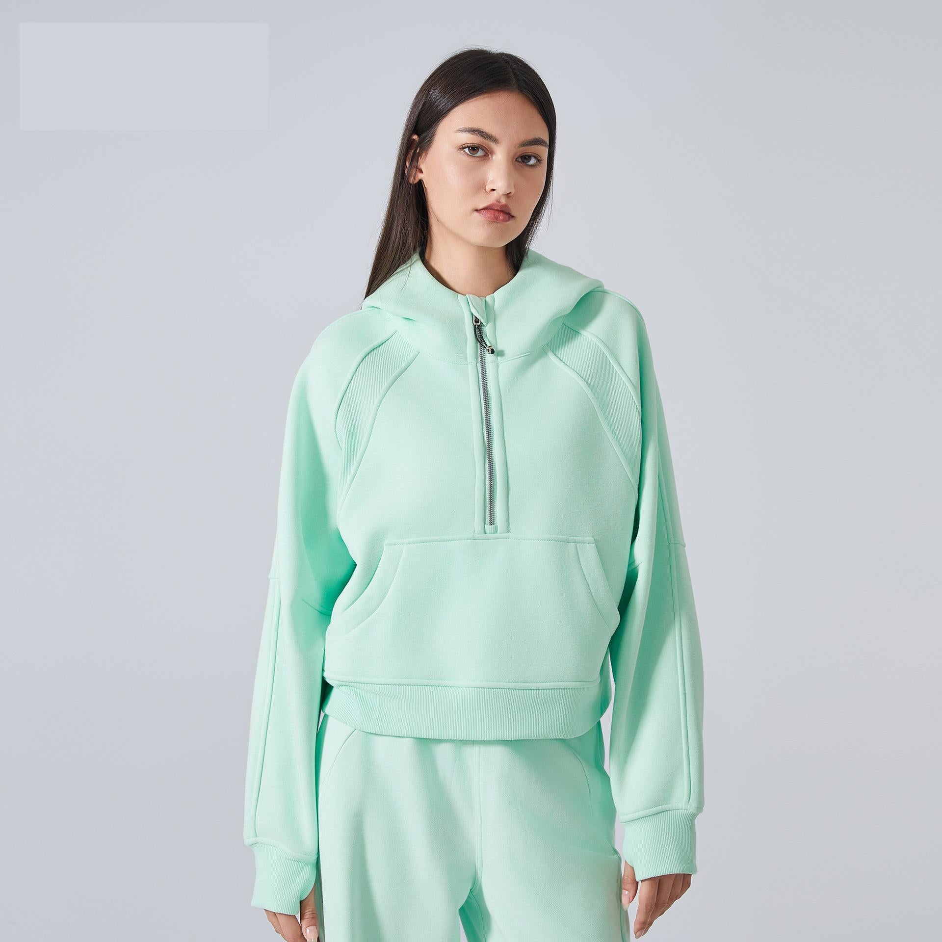 Mint green hoodie and sweatpants set for women in Autumn Winter Fleece lined fashion ملابس
