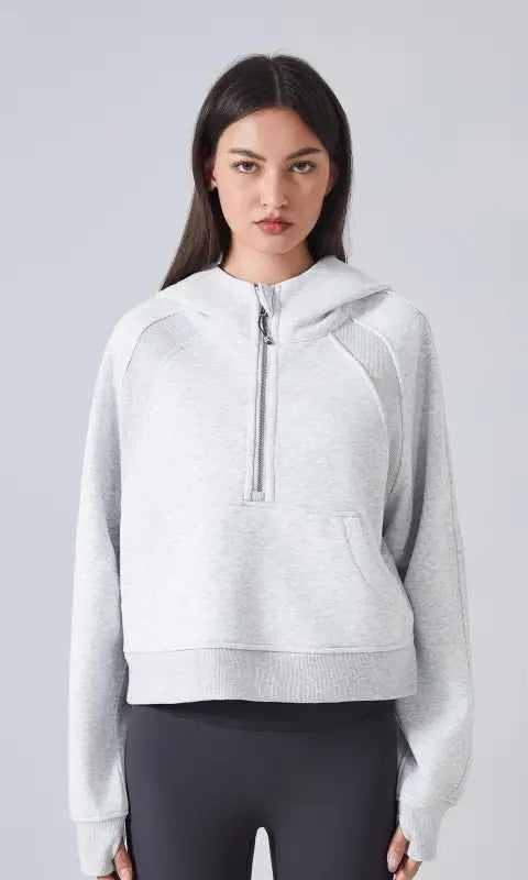Gray hooded sweater in langry fashion, fleece-lined half-zip for women