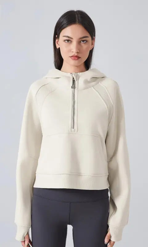 Cream-colored langry hooded sweater for women yoga fitness