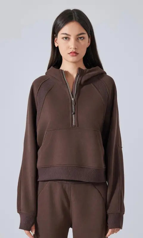 Brown hooded half-zip sweater in Langry autumn fashion
