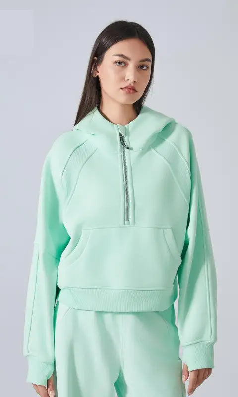 Mint green hooded sweater and sweatpants set for women yoga fashion