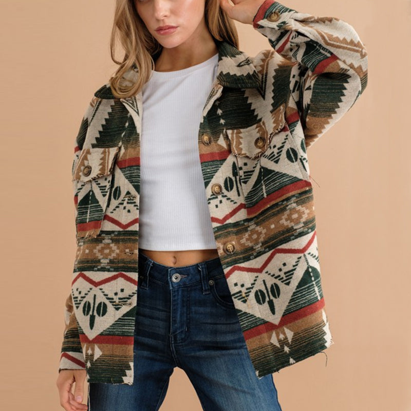 Thick retro Aztec woolen langry fashion coat in green, red, white
