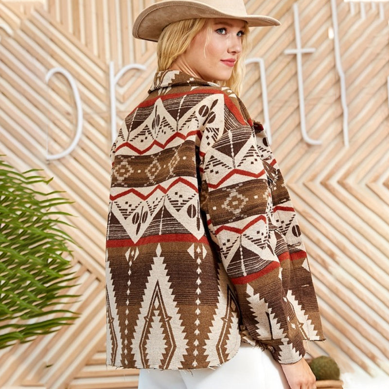 Thick Retro Aztec Woolen Coat with Southwestern tan, brown, red geometric fashion patterns