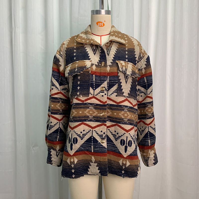 Thick retro Aztec woolen coat in Langry fashion with earthy geometric patterns