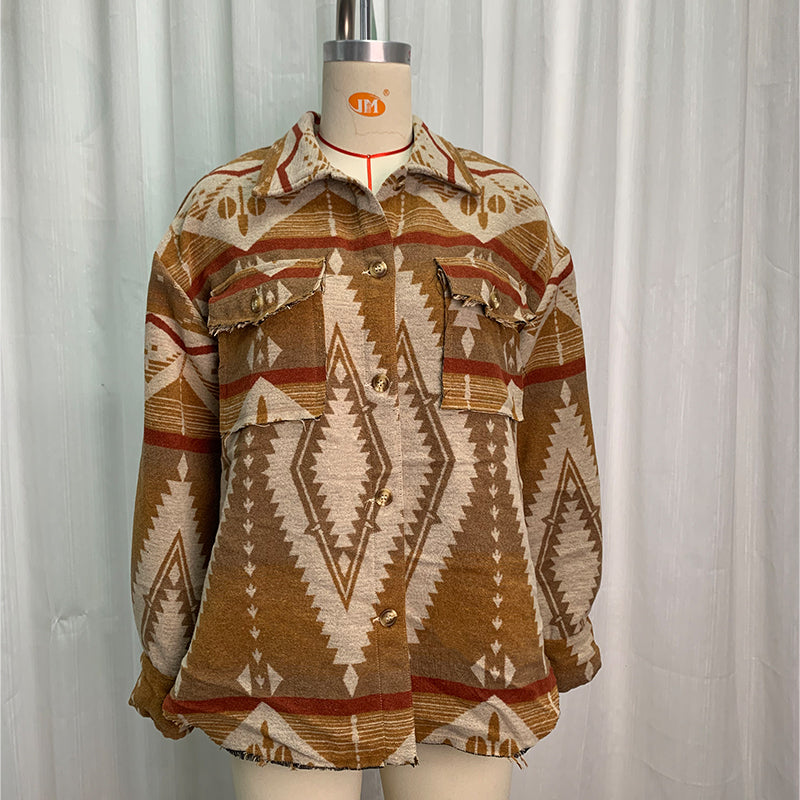 Thick Retro Aztec Woolen Coat with Southwestern Geometric Designs