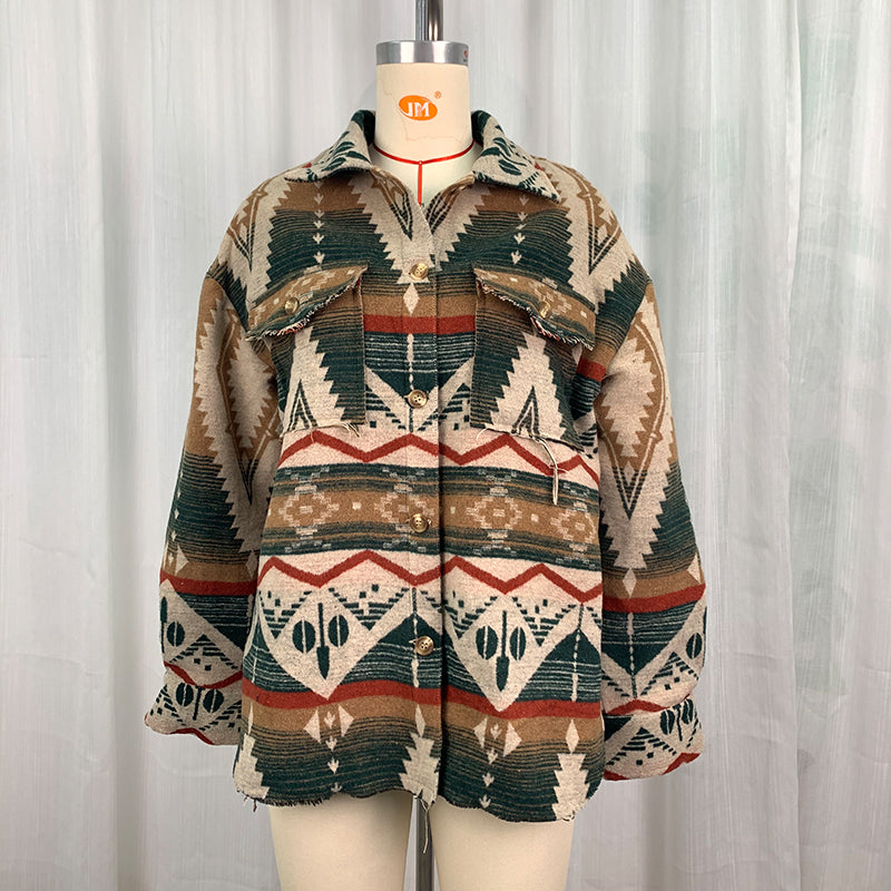 Thick retro Aztec woolen coat in Langry fashion with earthy tones