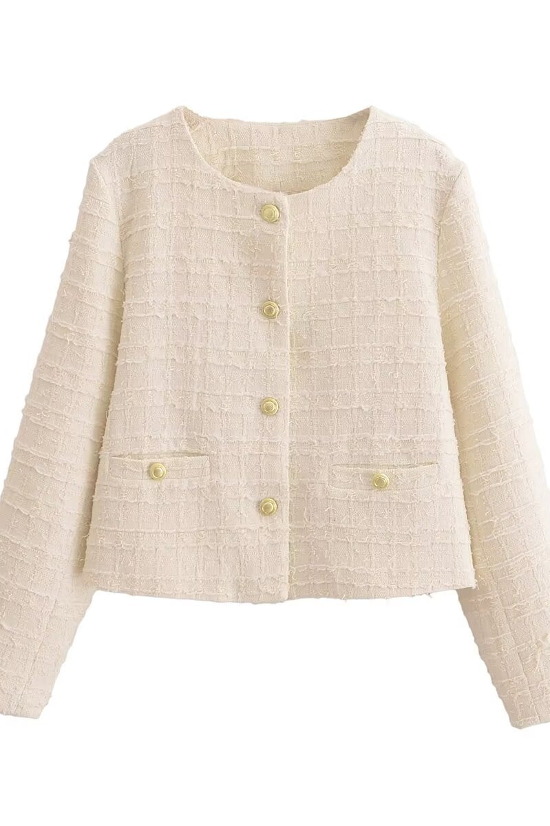 Langry fashion cream tweed woolen short coat with pearl buttons