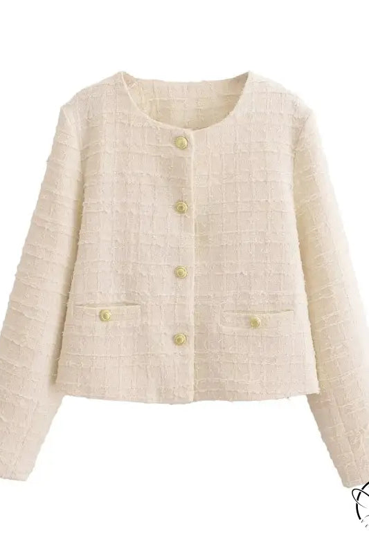 Langry cream tweed fashion jacket with pearl buttons for winter woolen coat