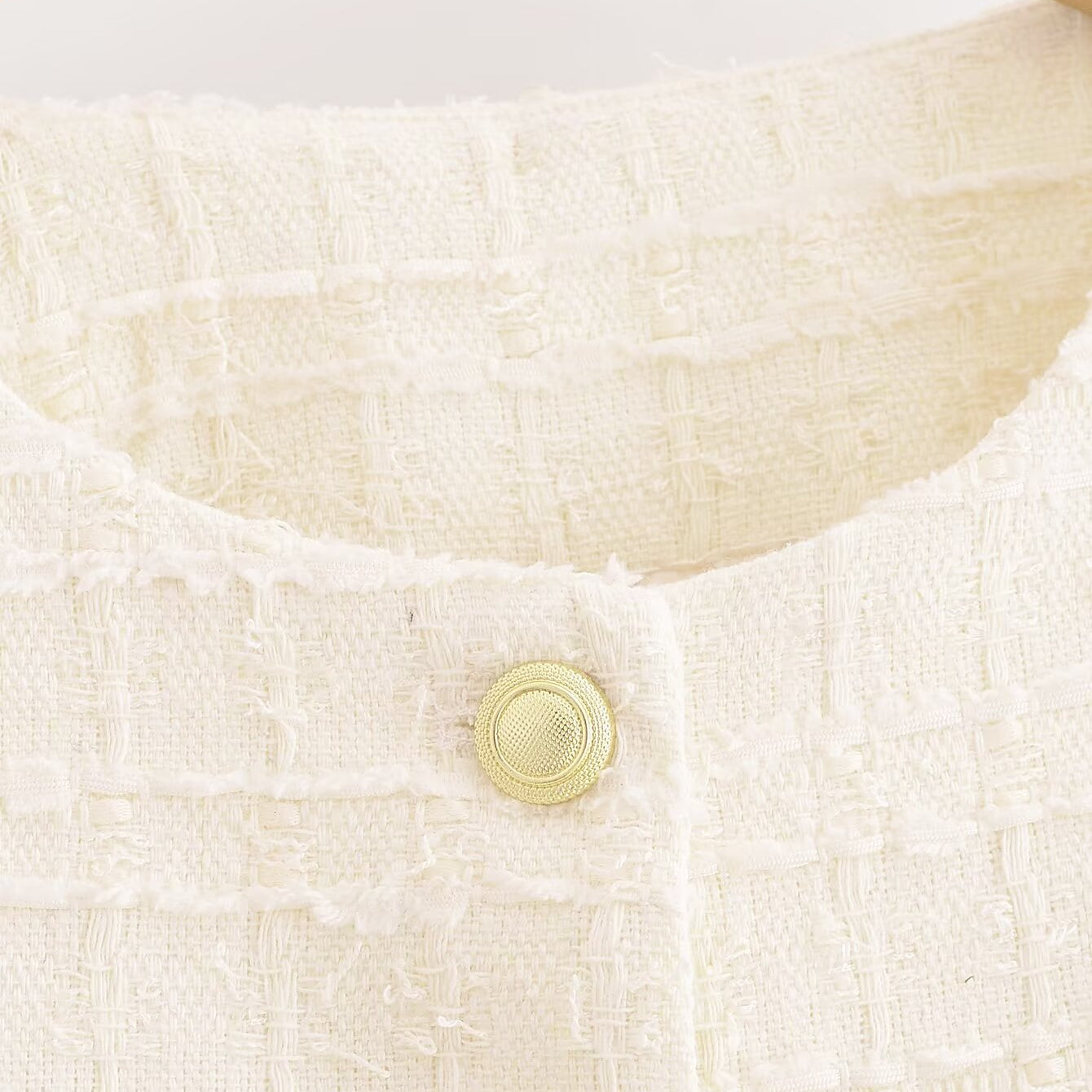 Langry cream tweed woolen short coat with gold buttons and collar