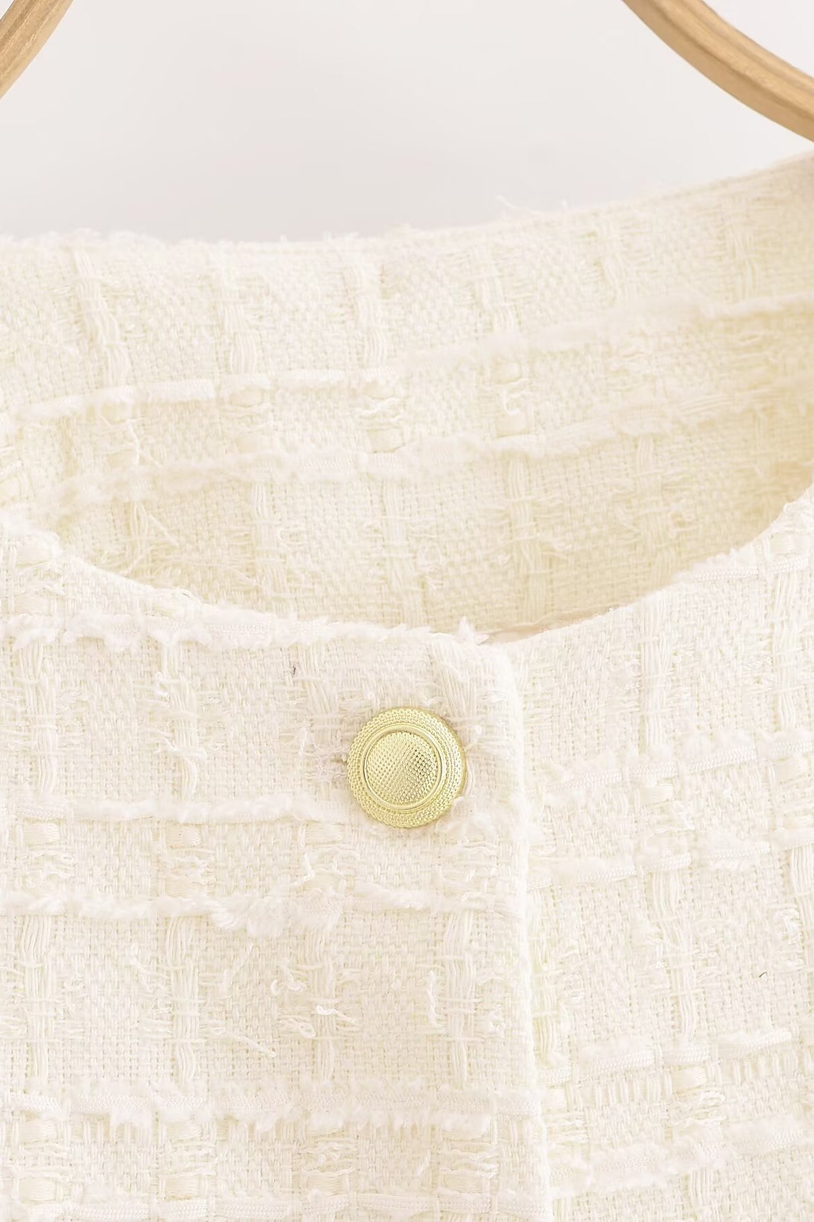 Langry cream tweed woolen short coat with gold buttons and collar