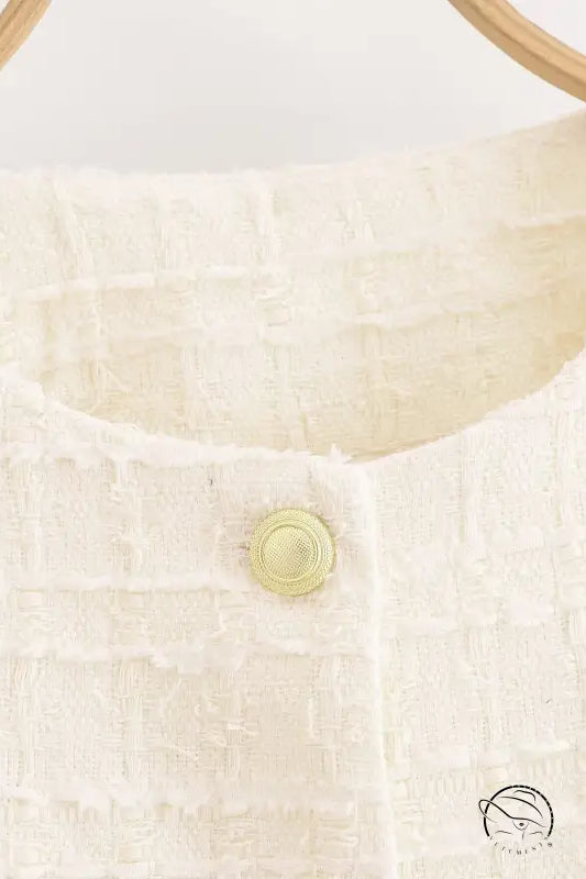 Cream tweed jacket with gold buttons and collar detail in Langry winter fashion coat