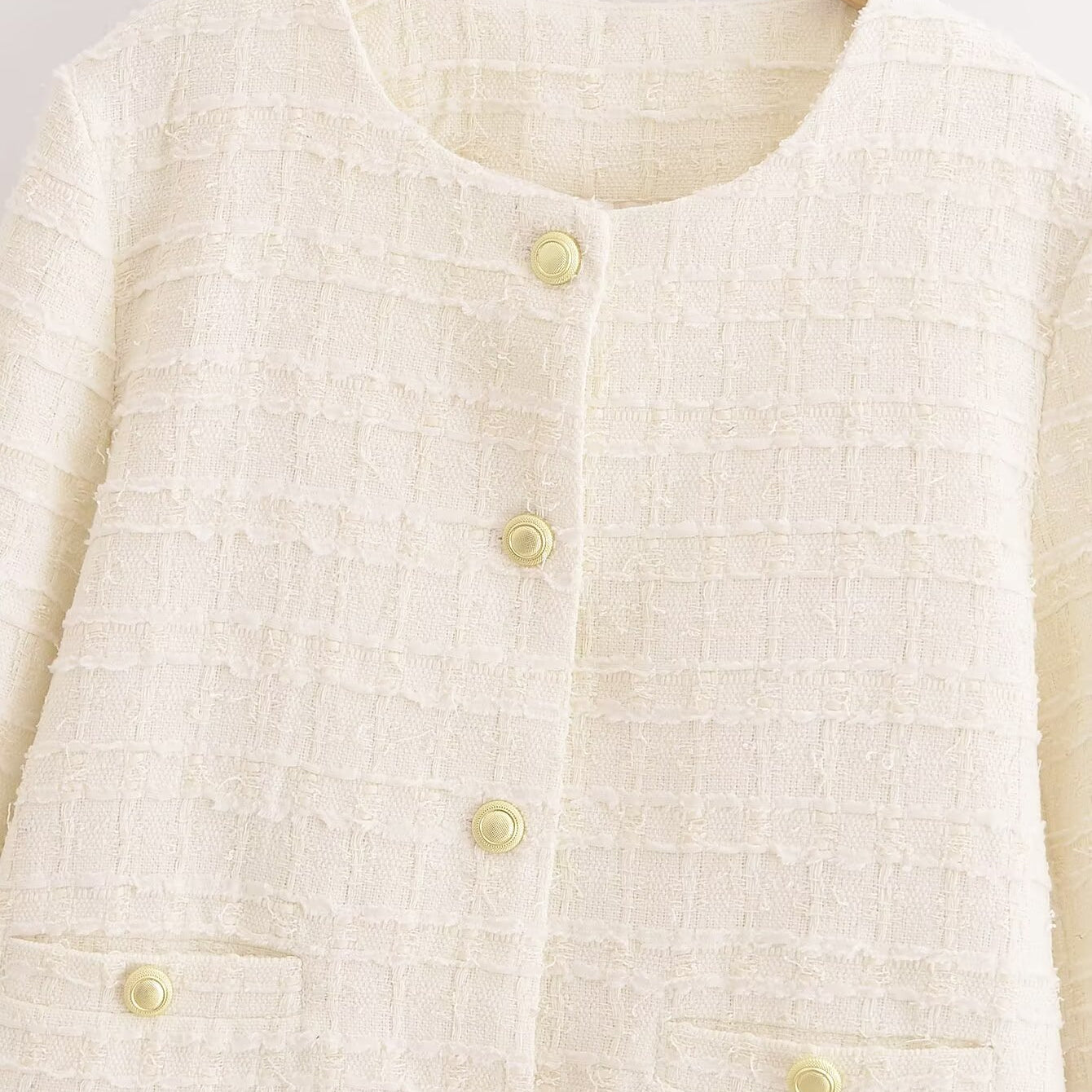 Langry white tweed double-breasted woolen short coat with gold buttons