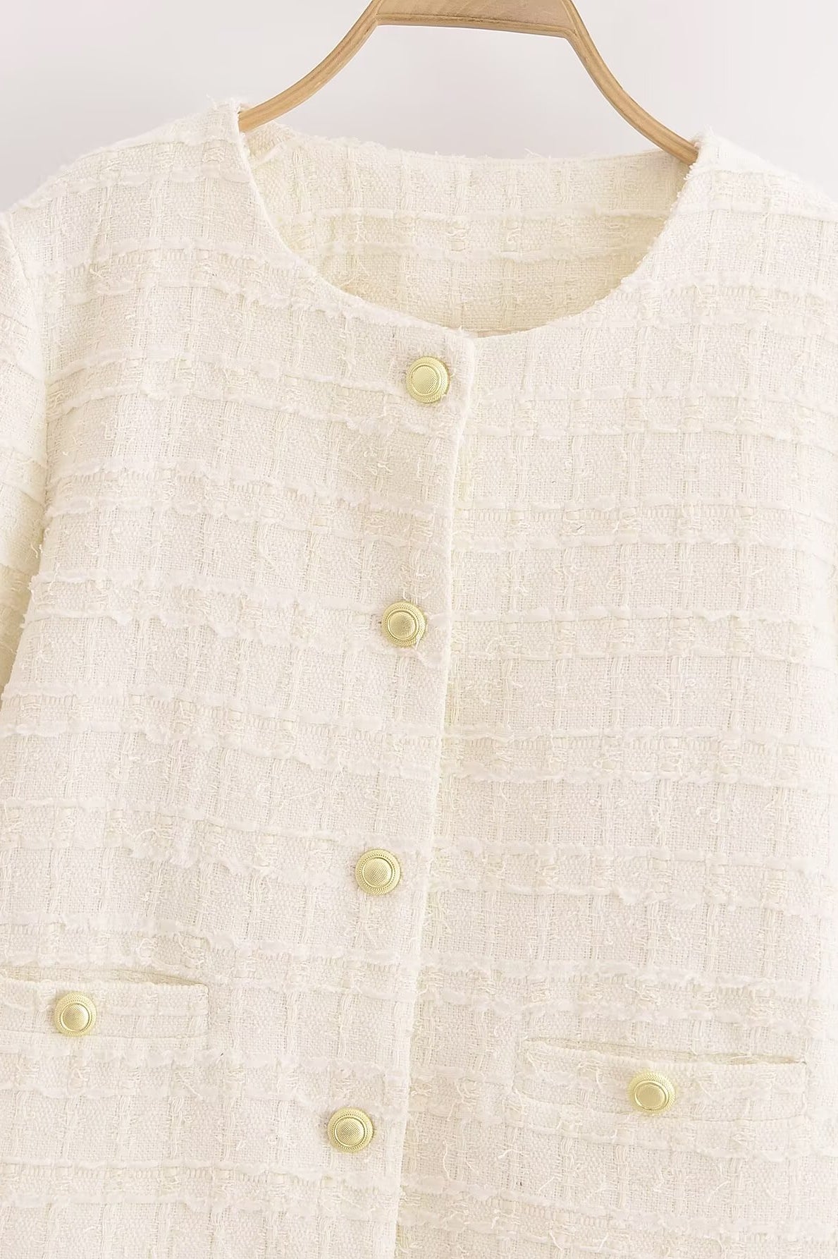 Langry white tweed double-breasted woolen short coat with gold buttons