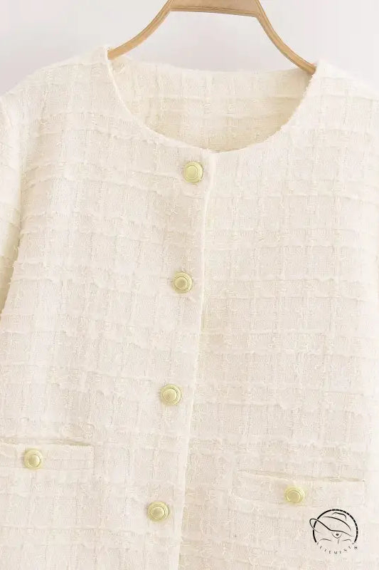 White langry tweed double-breasted wool coat with gold buttons