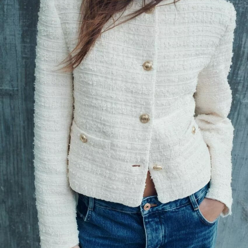 Langry cream boucle woolen short coat with gold buttons