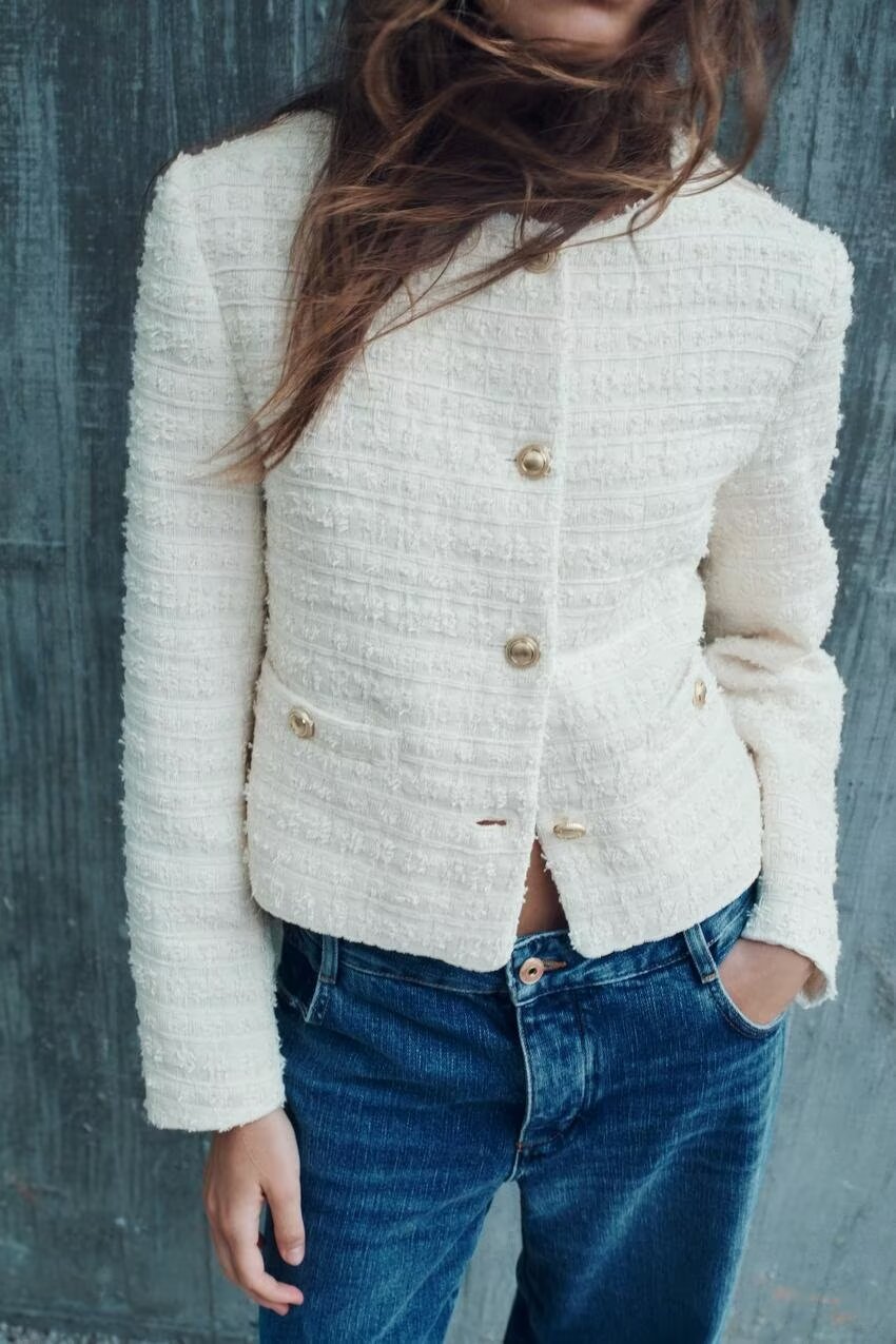 Langry cream boucle woolen short coat with gold buttons