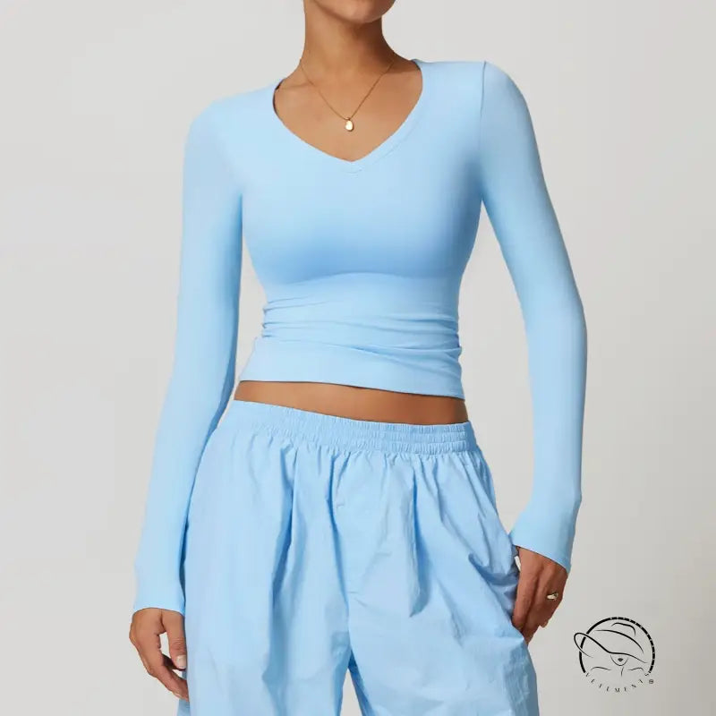 Light blue quick drying brushed tight winter yoga top and pants