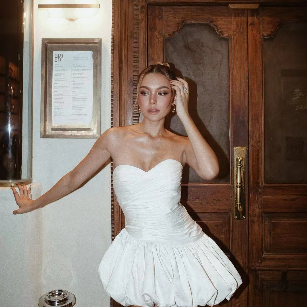 Elegant Short Dress featuring a white strapless bubble-hem mini dress in modern fashion