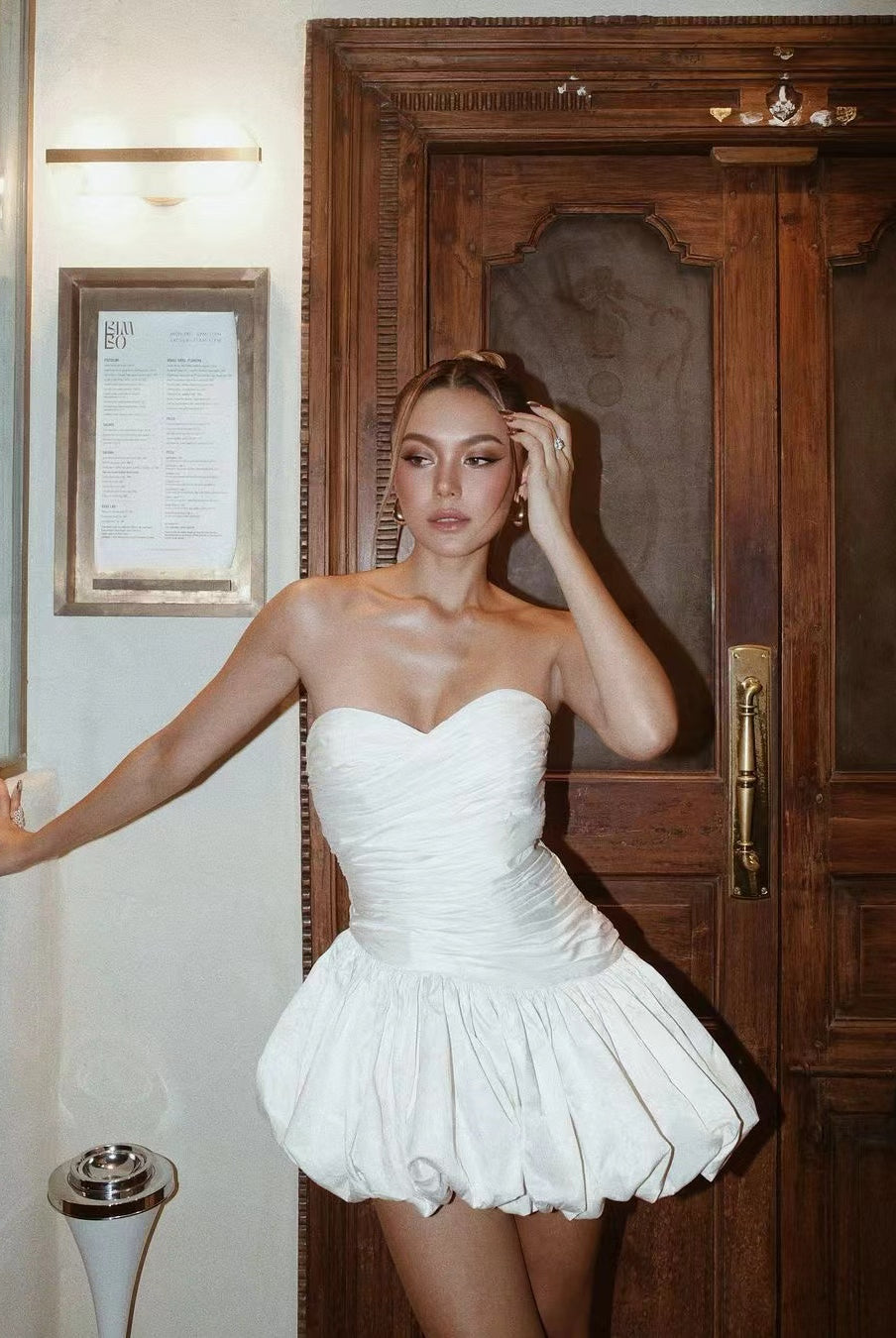 Elegant Short Dress featuring a white strapless bubble-hem mini dress in modern fashion