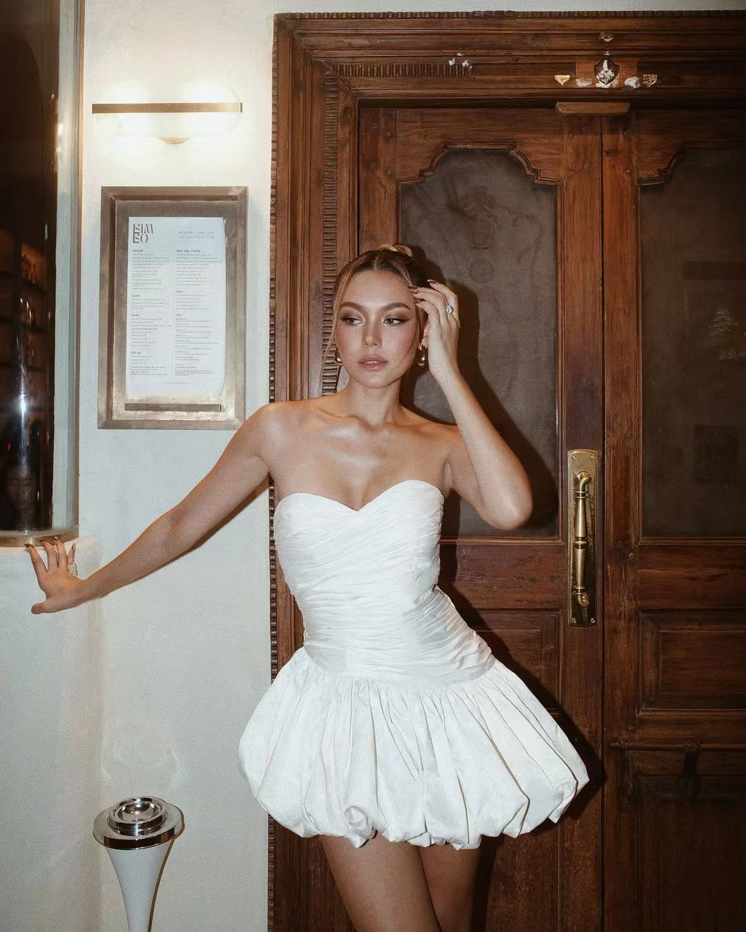 Elegant Short Dress featuring a white strapless bubble-hem mini dress in modern fashion
