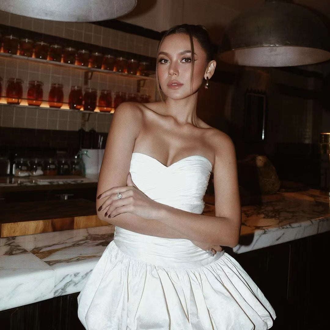 Elegant Short Dress featuring a strapless white bubble dress in fashion ملابس style