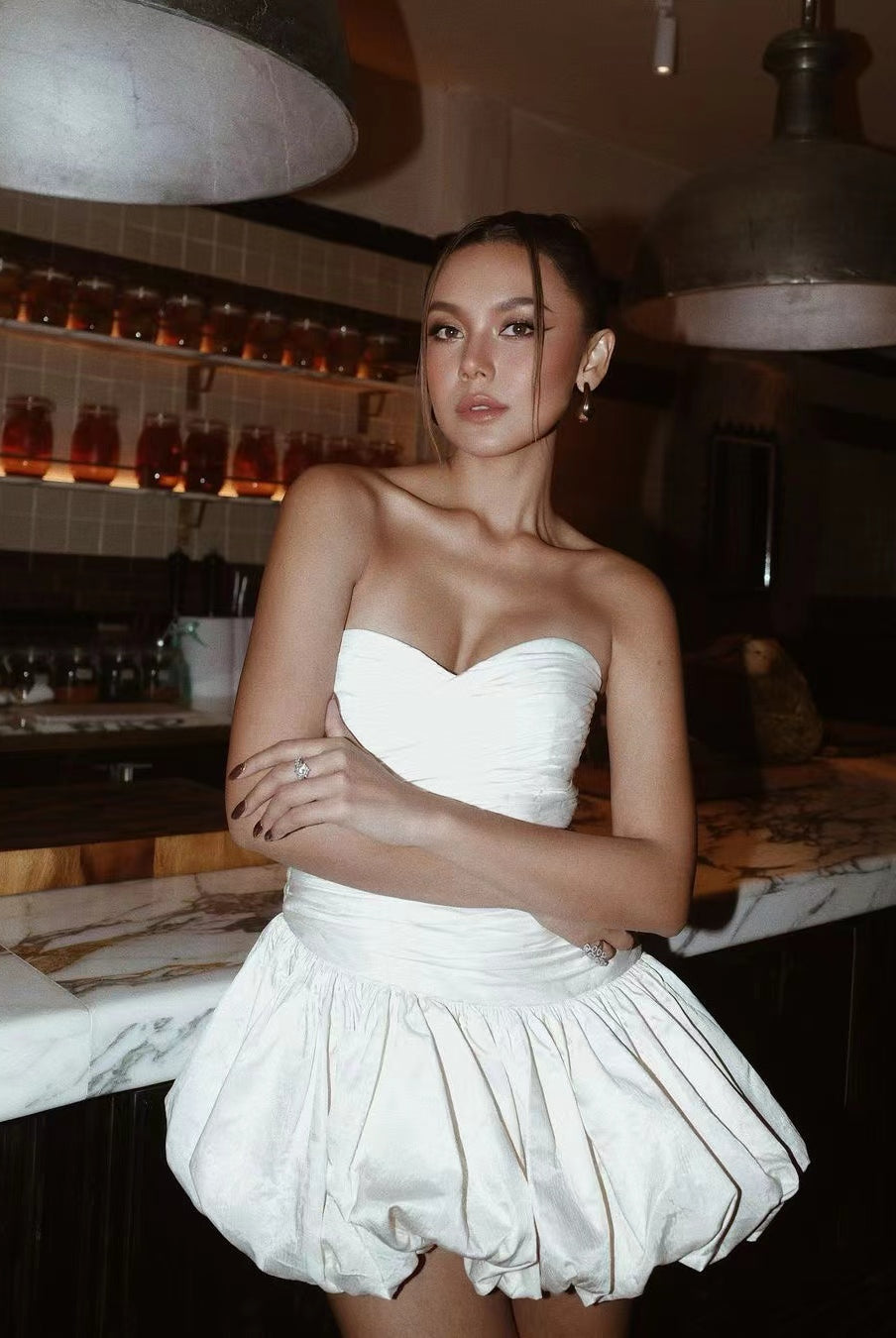 Elegant Short Dress featuring a strapless white bubble dress in fashion ملابس style