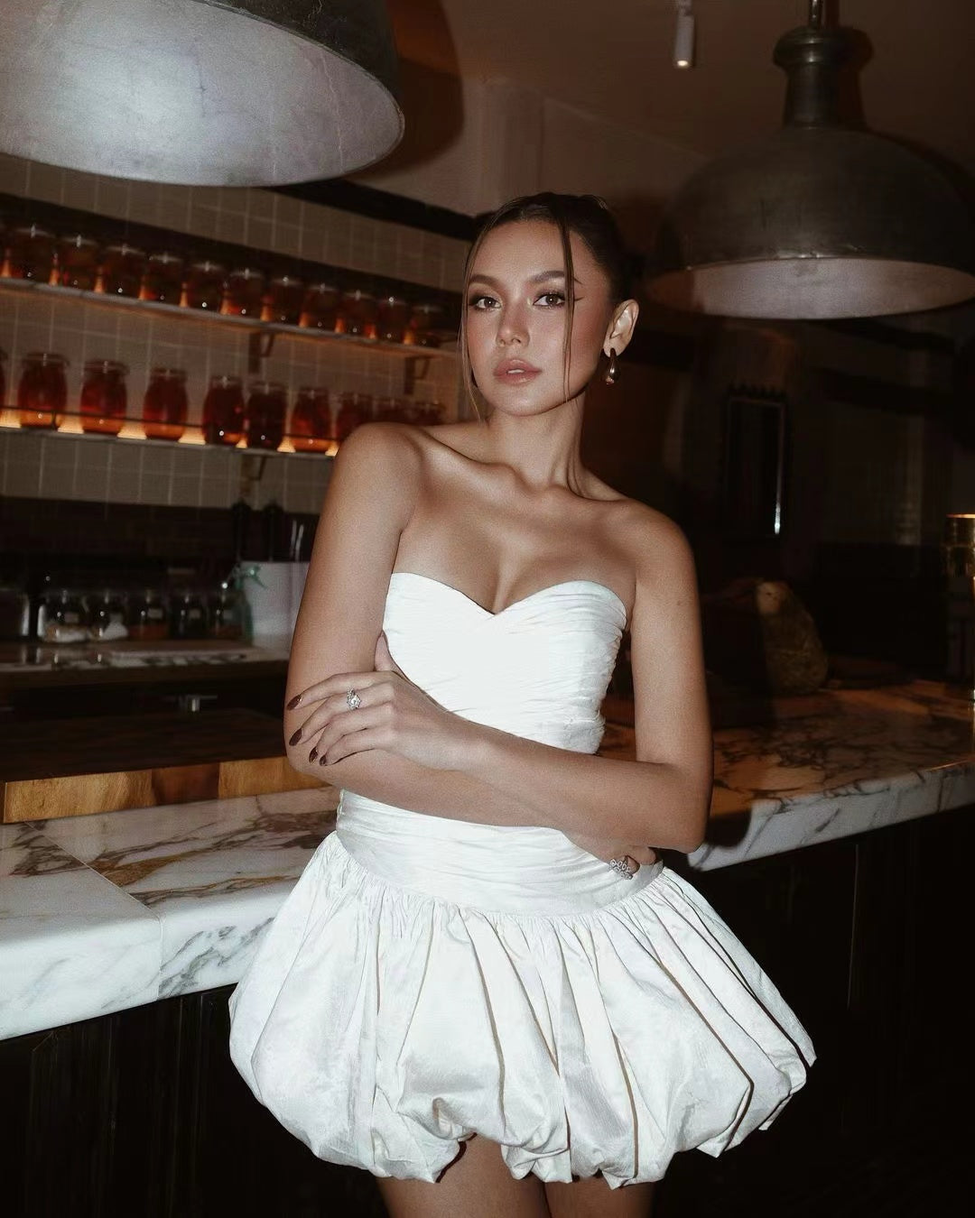 Elegant Short Dress featuring a strapless white bubble dress in fashion ملابس style