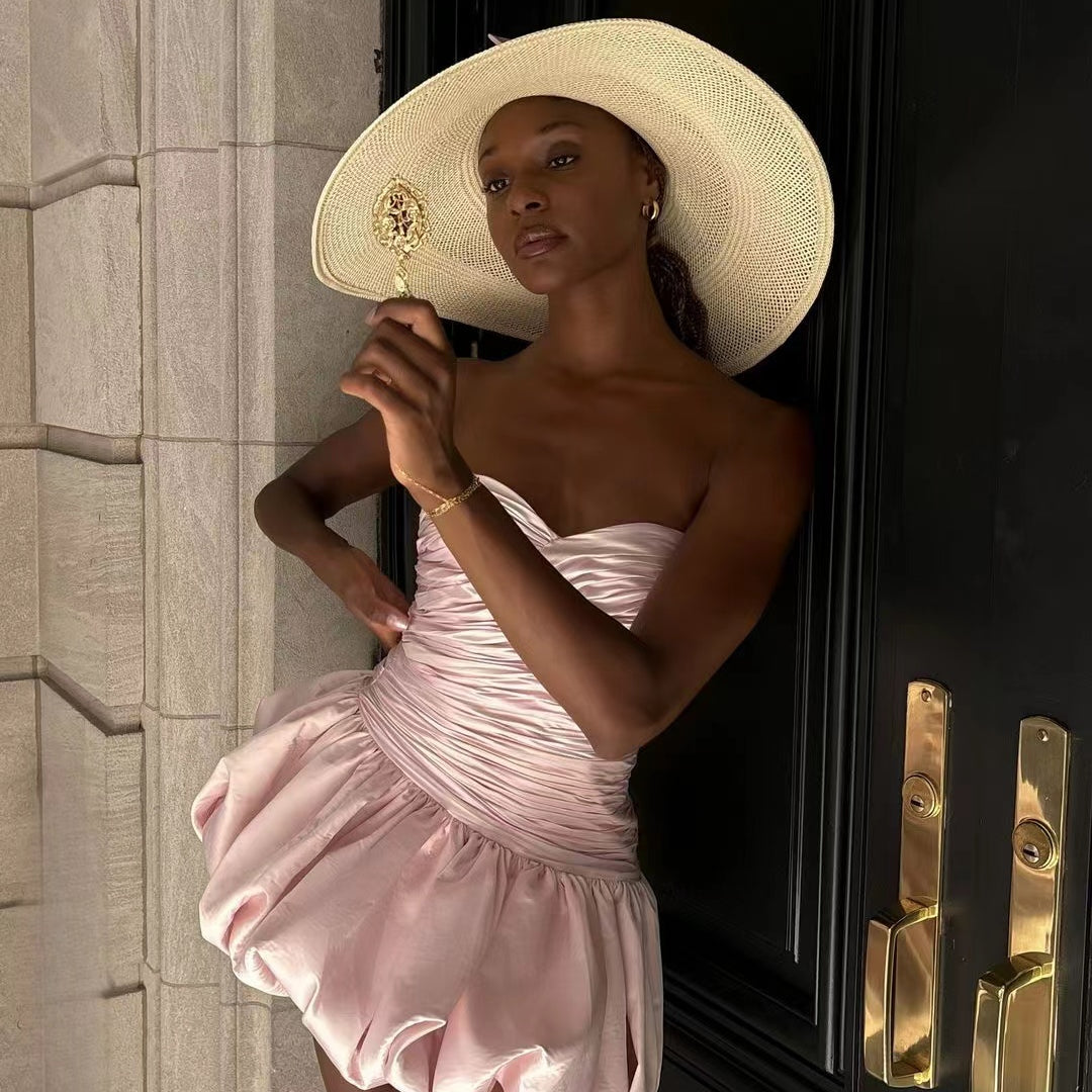 Elegant pink ruched mini dress with strapless neckline, perfect for trendy fashion ملابس