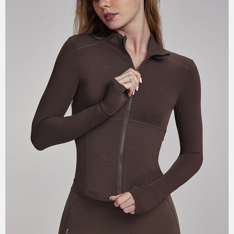 Brown athletic zip-up jacket and leggings, Slim Fit Breathable Yoga Jacket, stylish langry fashion attire