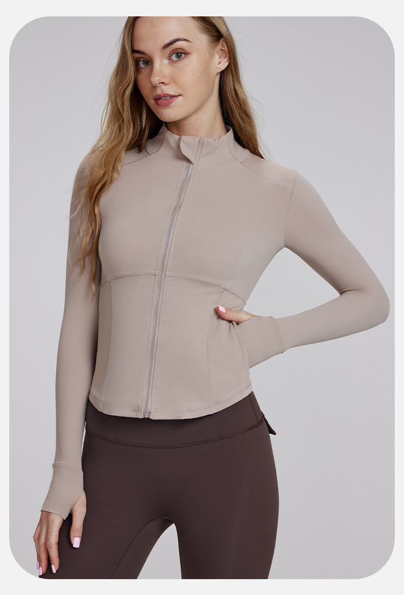 Beige zip-up athletic jacket for yoga, trendy fashion، langry ملابس product image