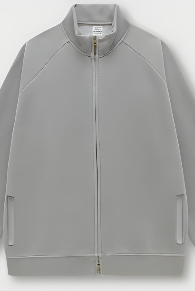 Light gray zip-up track jacket with ribbed collar, part of the Winter Heavy Retro Jacket fashion