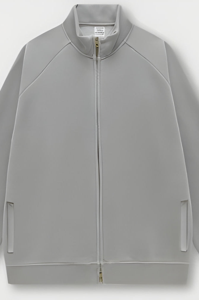 Light gray zip-up track jacket with ribbed collar, part of the Winter Heavy Retro Jacket fashion