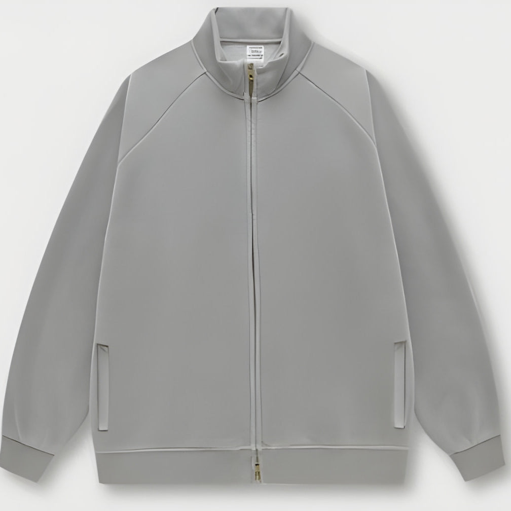 Light gray zip-up track jacket with ribbed collar, part of the Winter Heavy Retro Jacket fashion