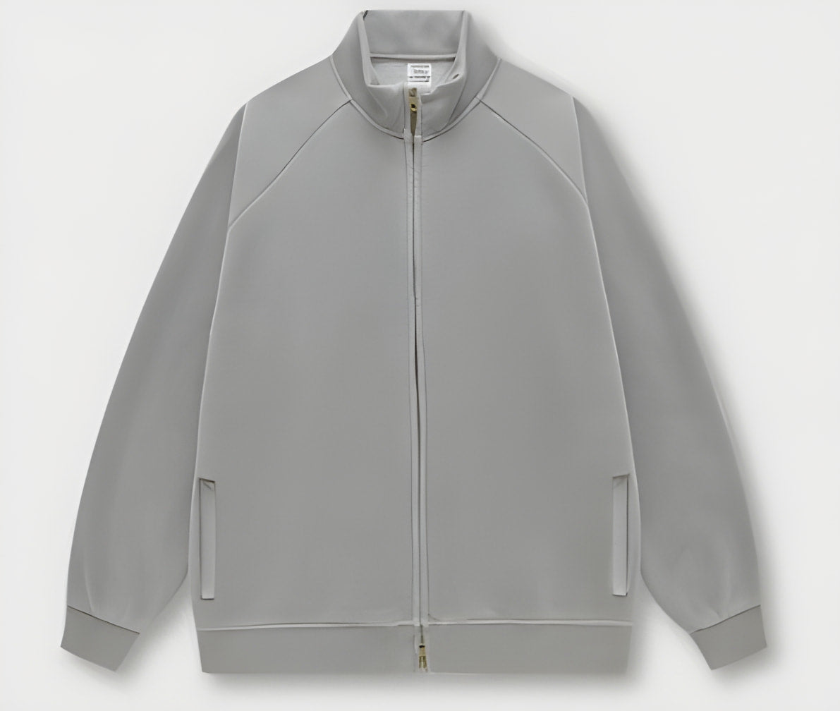 Light gray zip-up track jacket with ribbed collar, part of the Winter Heavy Retro Jacket fashion