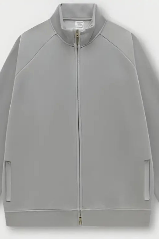 Light gray zip-up winter heavy retro jacket with ribbed collar and cuffs