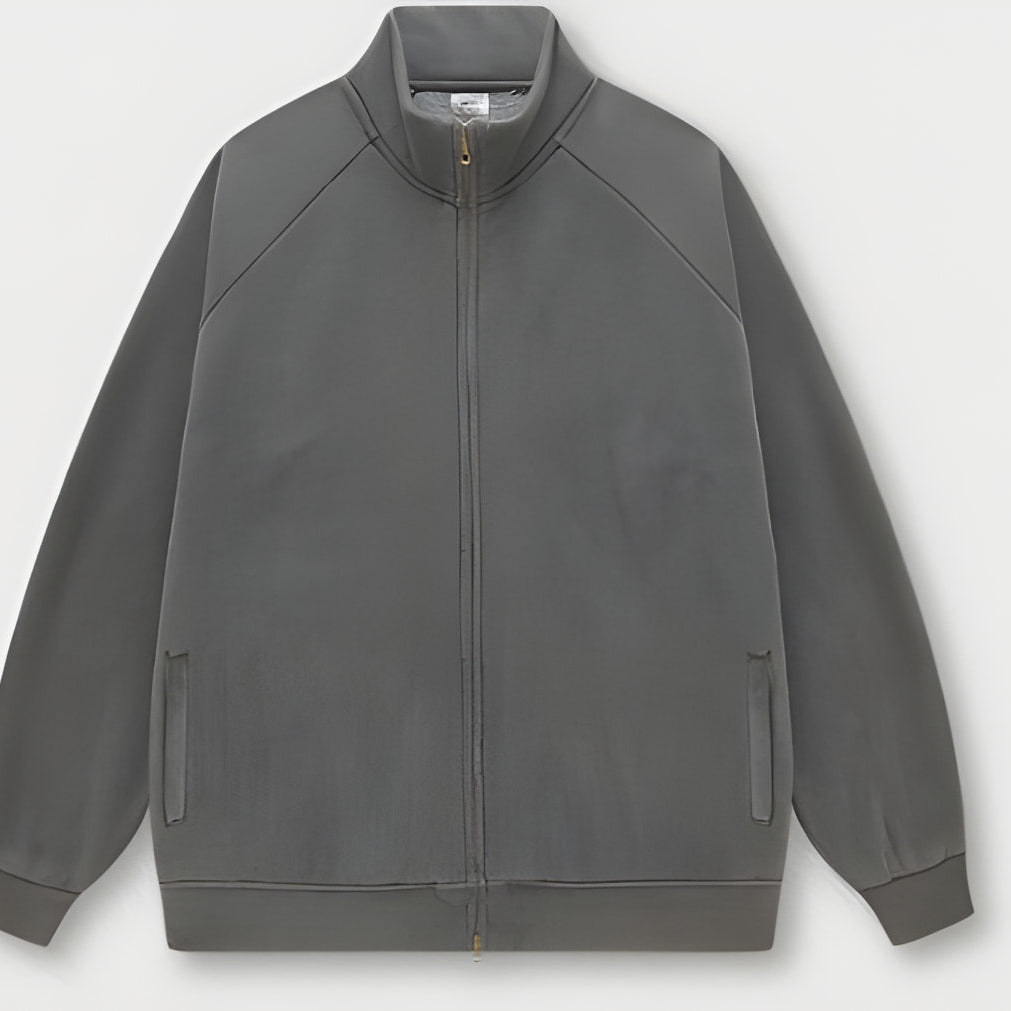 Gray zip-up track jacket with ribbed collar and cuffs for stylish winter fashion ملابس