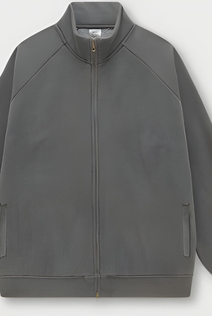 Gray zip-up track jacket with ribbed collar and cuffs for stylish winter fashion ملابس
