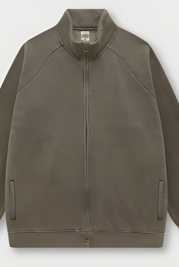Olive green bomber jacket with zipper, ribbed collar, ideal for winter fashion ملابس