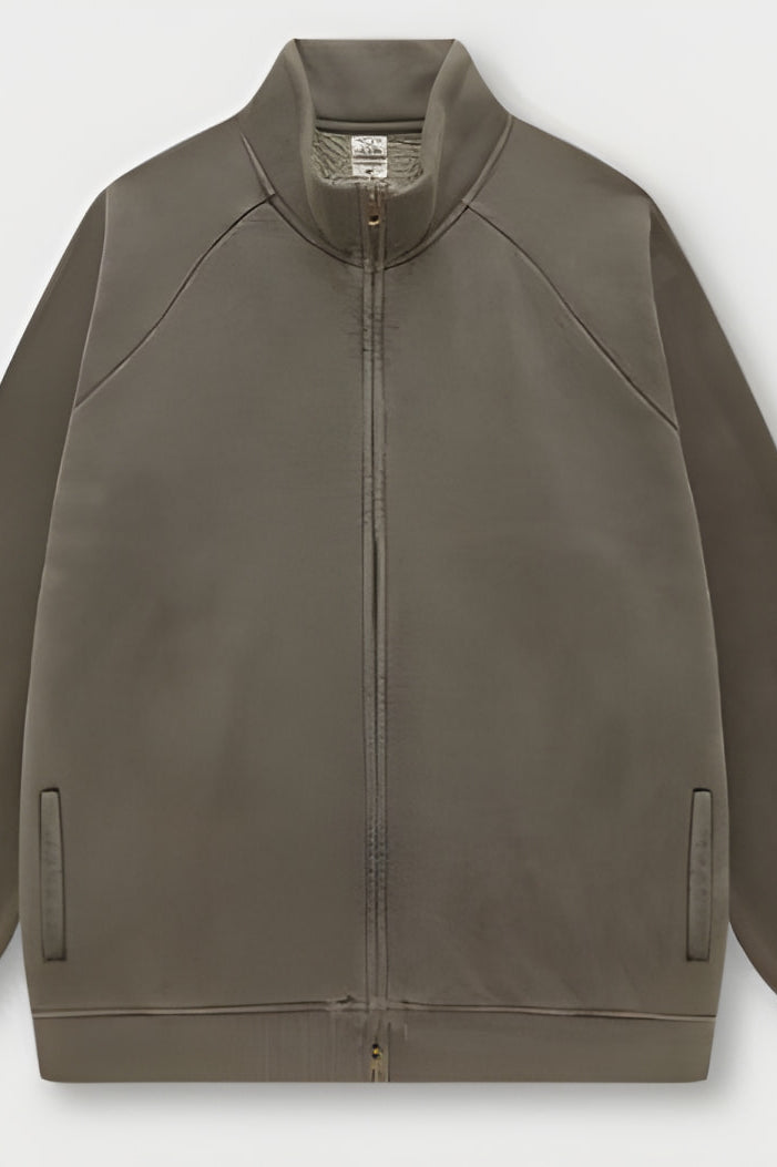 Olive green bomber jacket with zipper, ribbed collar, ideal for winter fashion ملابس
