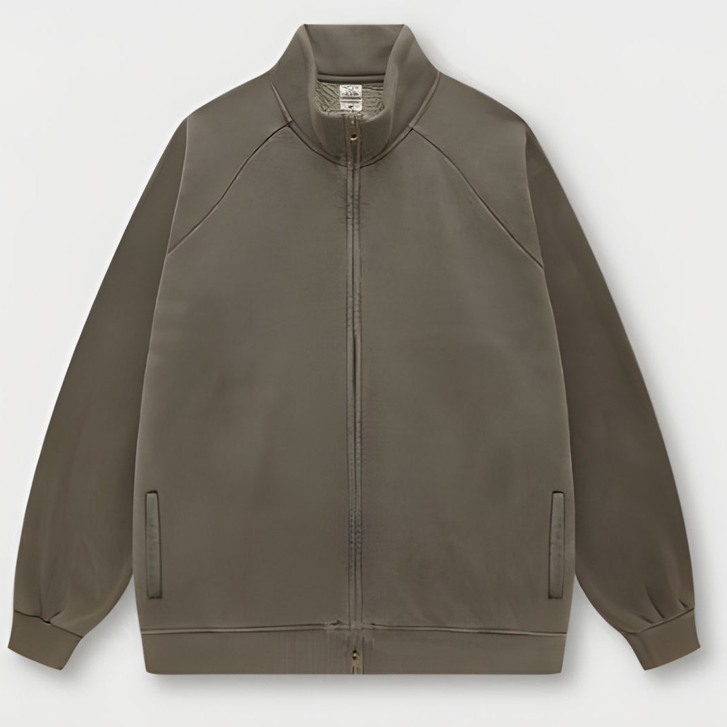 Olive green bomber jacket with zipper, ribbed collar, ideal for winter fashion ملابس