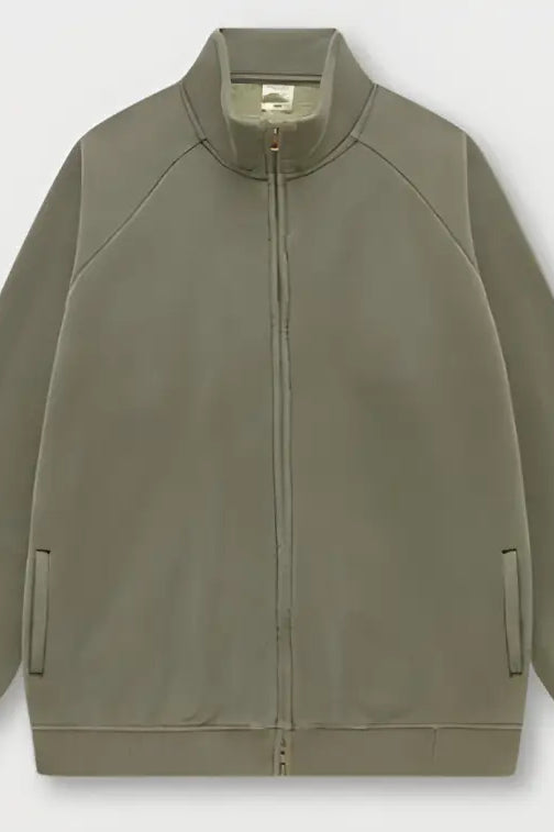 Olive green winter heavy retro jacket with zip-up, ribbed collar and cuffs