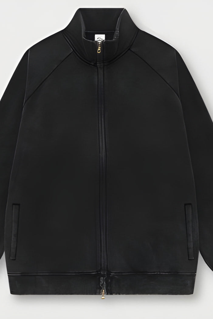 Black zip-up Winter Heavy Retro Jacket with ribbed cuffs, ideal for winter fashion ملابس