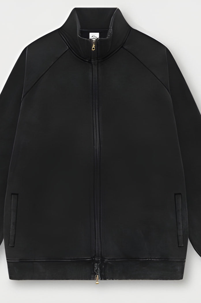 Black zip-up Winter Heavy Retro Jacket with ribbed cuffs, ideal for winter fashion ملابس