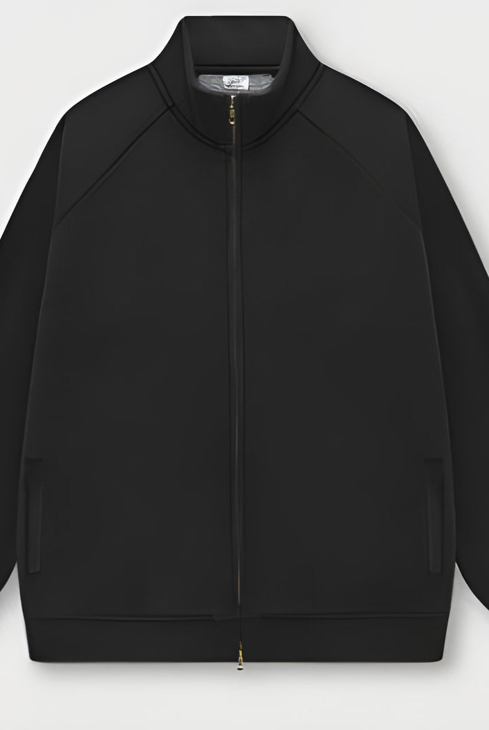 Black zip-up track jacket with ribbed collar and cuffs for stylish winter fashion ملابس